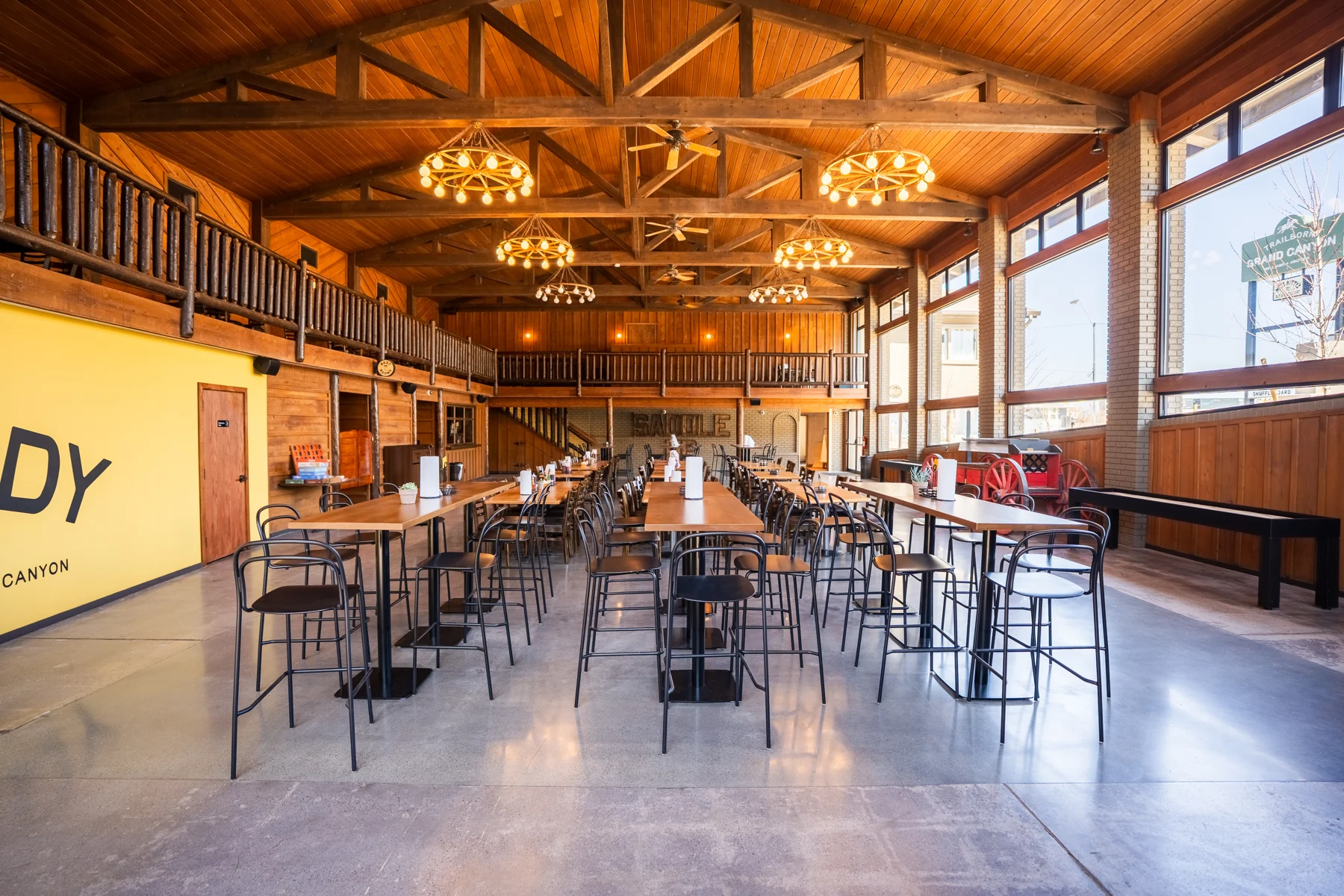 Timber-framed dining hall with long tables